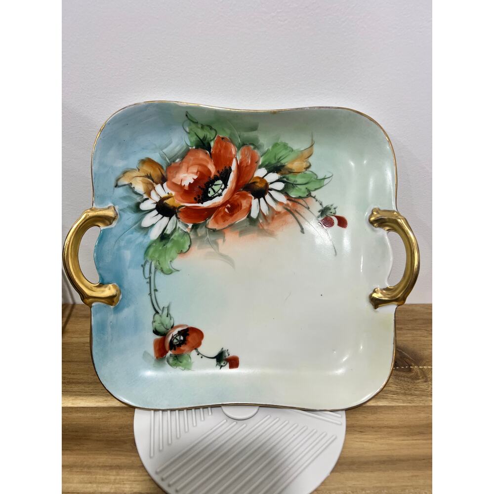 Vintage PM Porzellanfabrik BAVARIA Hand Painted Floral Red Poppies Square Plate